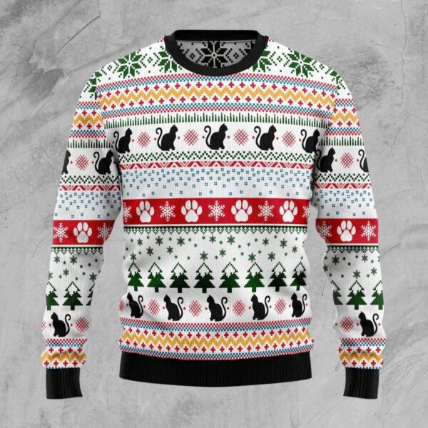 Black Cat Pattern Ugly Christmas Sweater Product Photo 1