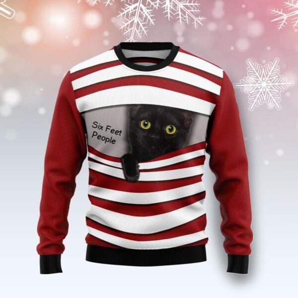 Black Cat Six Feet Ugly Christmas Sweater Product Photo 1